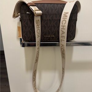 Michael Kors Brown Logo Messenger Bag with Beige Strap